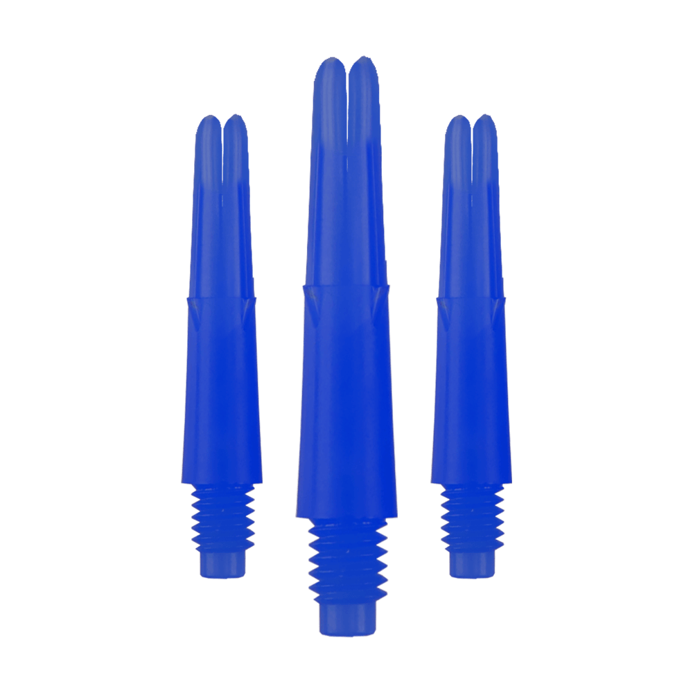 L-tvarované L-hřídele, rovné, zajištěné - modré Auf dem Bild sind drei blaue, gerade Dartschäfte zu sehen. Sie haben ein Gewinde am unteren Ende und sind ohne Kappen abgebildet.