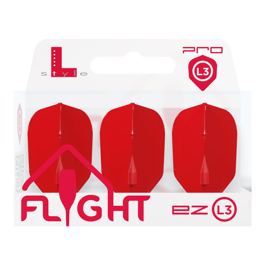 Lety L-L-Style3EZ Die Abbildung zeigt eine Packung mit drei roten Dart-Flights der Marke L-Style. Auf der Verpackung steht „FLIGHT ez L3“ und das Produkt ist für den Profibereich gekennzeichnet.