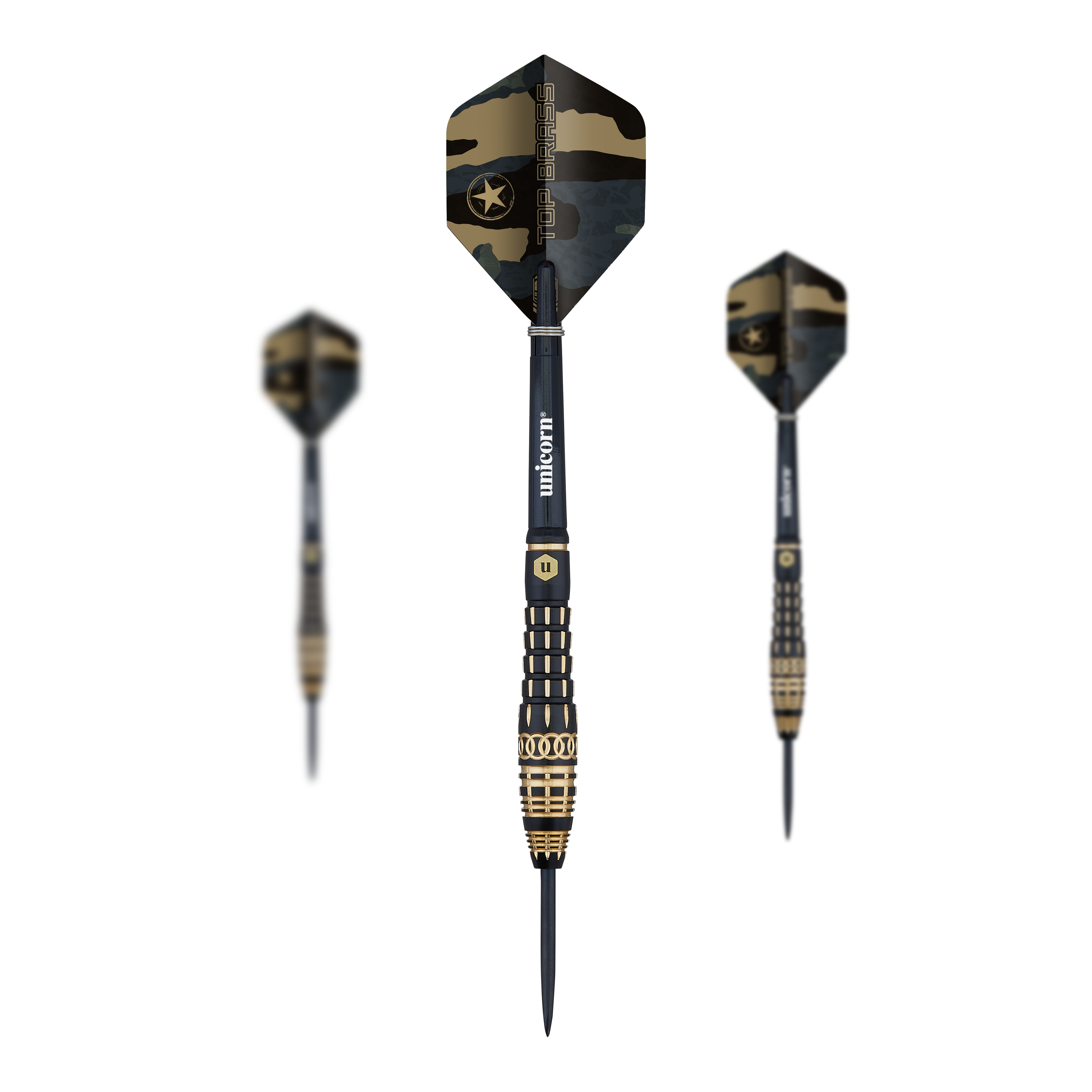 Steeldarts Unicorn Top Brass V4 - 20g Das Bild zeigt den Dartpfeil „Unicorn Top Brass V4 Steeldarts - 20g“. Der Pfeil hat eine schwarze und goldene Farbe sowie ein Tarnmuster auf dem Flight.