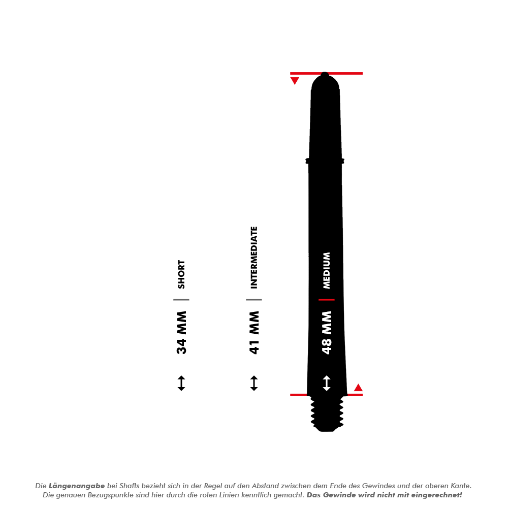Target Pro Grip Vision Shafts - 3 sady - Modré Das Bild zeigt drei Längenoptionen für einen Dart-Schaft: 34 mm (Short), 41 mm (Intermediate) und 48 mm (Medium). Die Längen werden durch schwarze Silhouetten mit roten Markierungen und klaren Beschriftungen dargestellt.