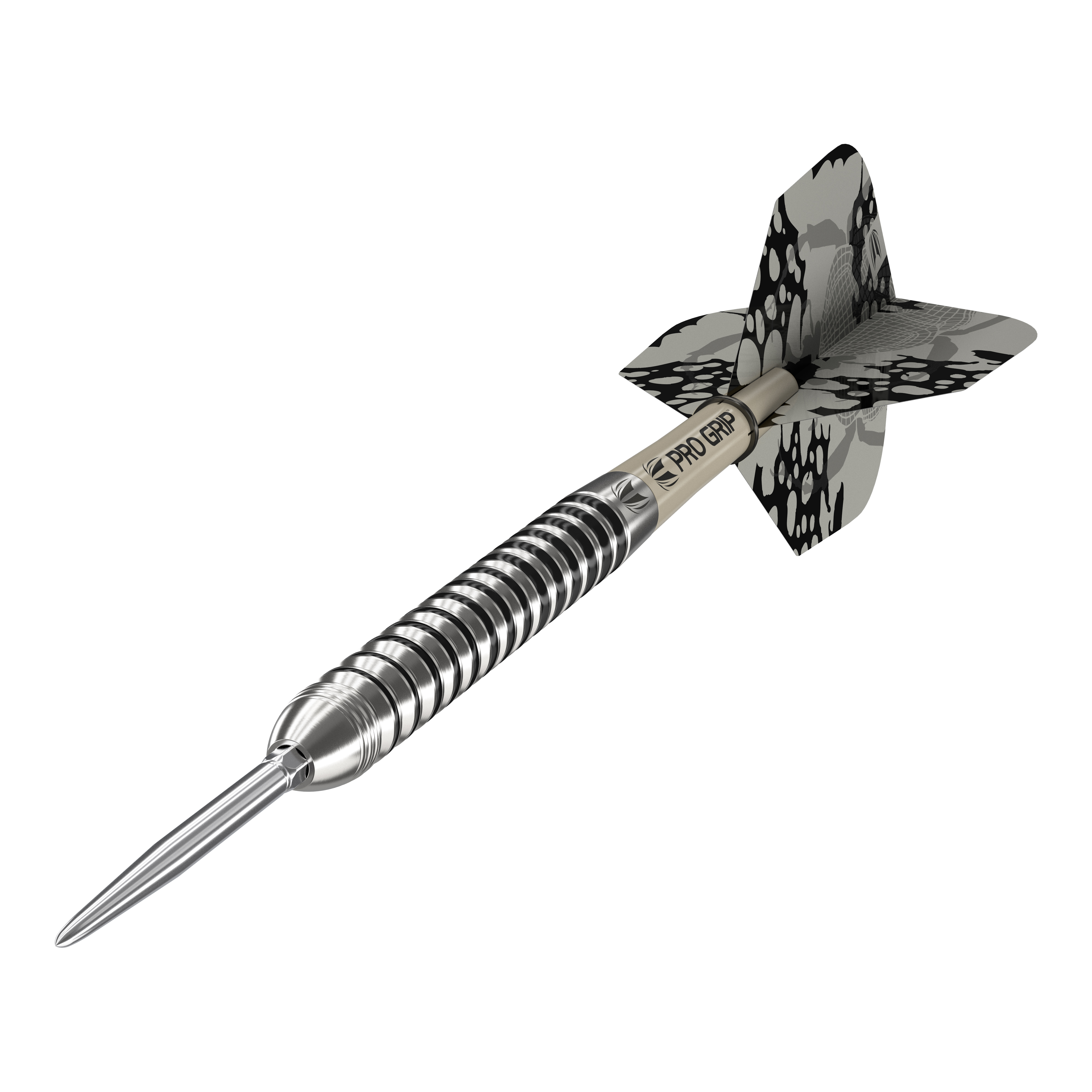 Ocelové šipky Target EXO SP01 Swiss Point Dies ist ein Target EXO SP01 Swiss Point Steeldart. Der Dartpfeil hat ein silbernes, gerilltes Barrel und schwarze Flights mit Muster.