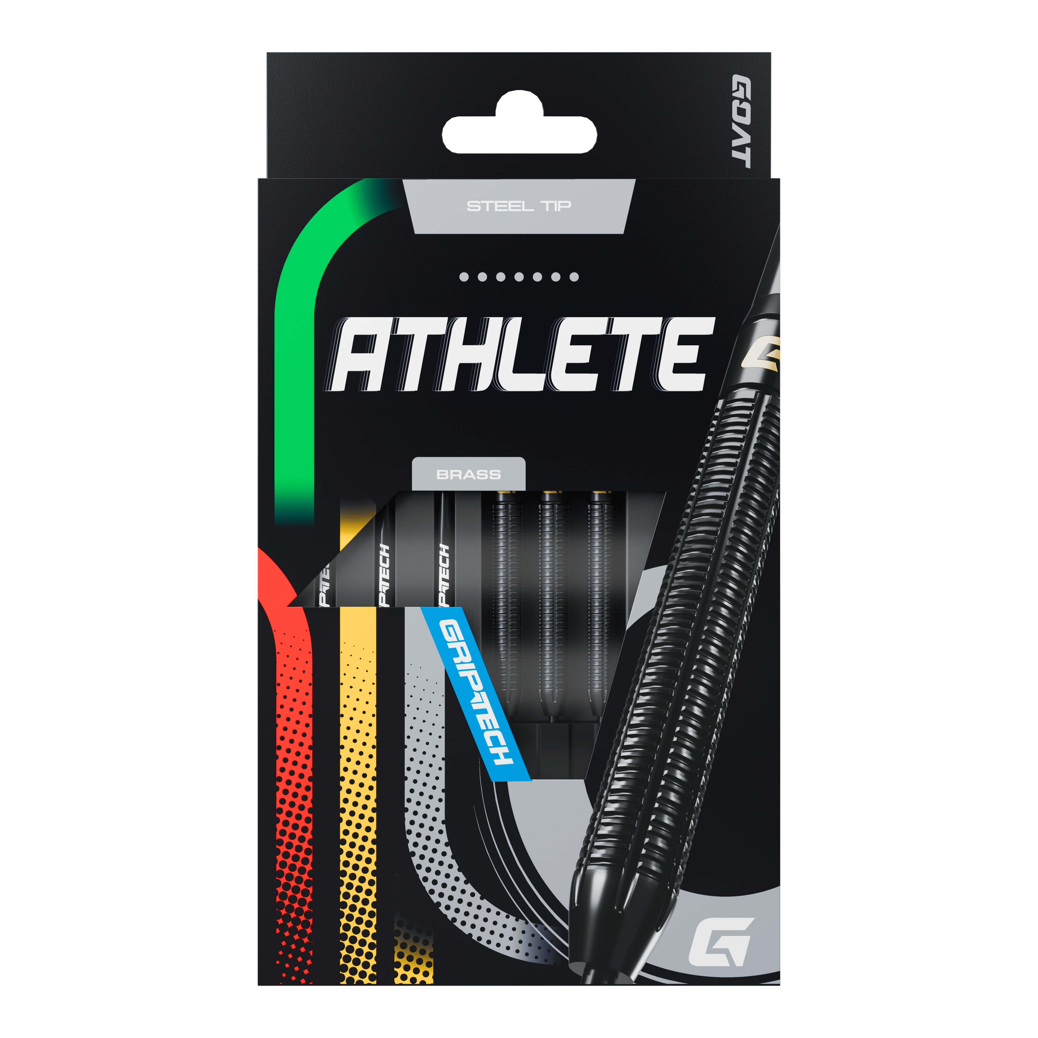 Ocelové šipky GOAT Athlete Black Brass - 13g Die Abbildung zeigt die Verpackung der GOAT Athlete Black Brass Steeldarts mit einem Gewicht von 13g. Die Darts haben eine schwarze, geriffelte Oberfläche und sind für Präzision und Haltbarkeit ausgelegt.