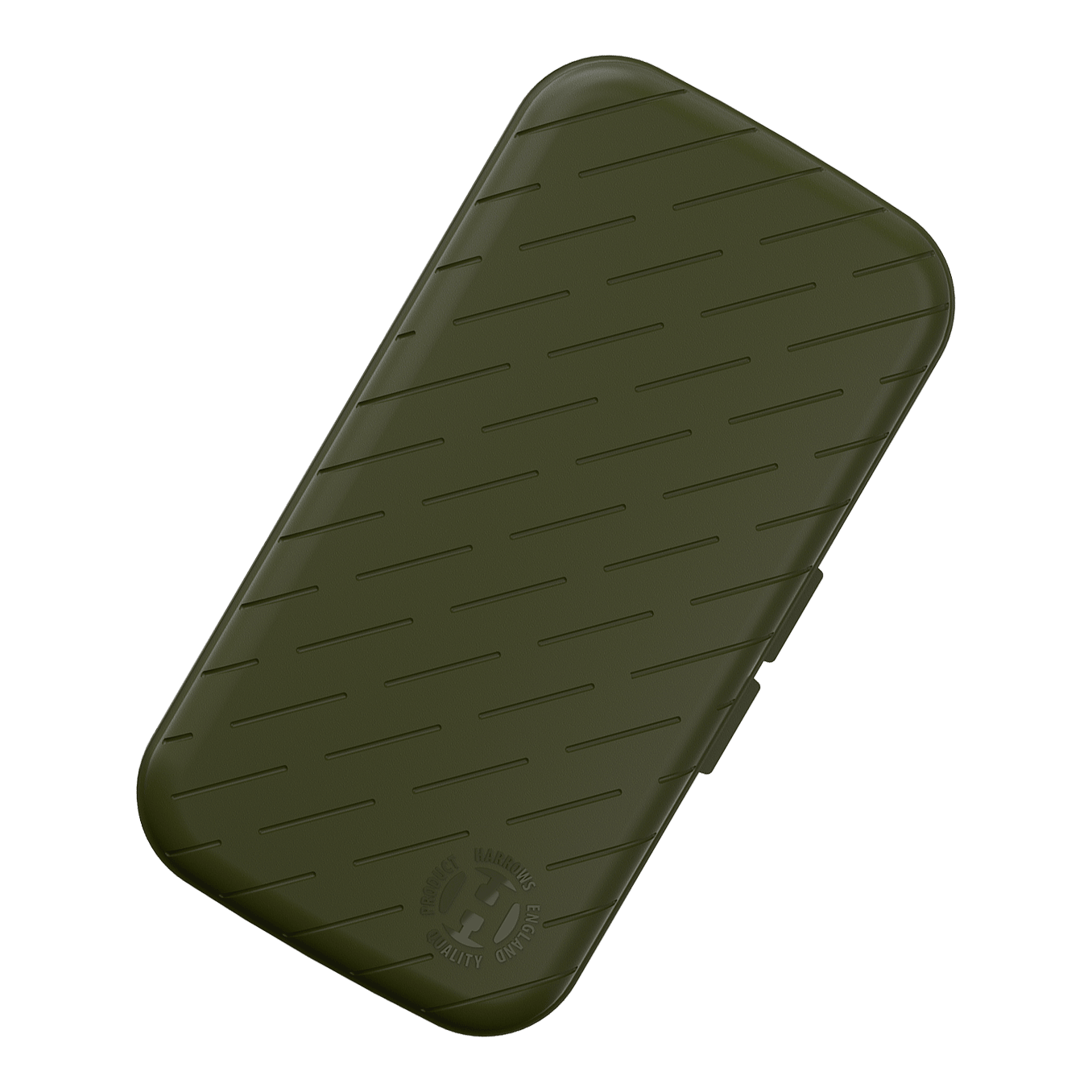 Pouzdro na šipky Harrows Slimcase Das Bild zeigt ein schlankes, grünes Etui mit leicht abgeschrägten Kanten und schrägen Linien als Muster. In der unteren Ecke befindet sich ein rundes Logo mit der Aufschrift "HARROWS ORIGINAL QUALITY PRODUCT".