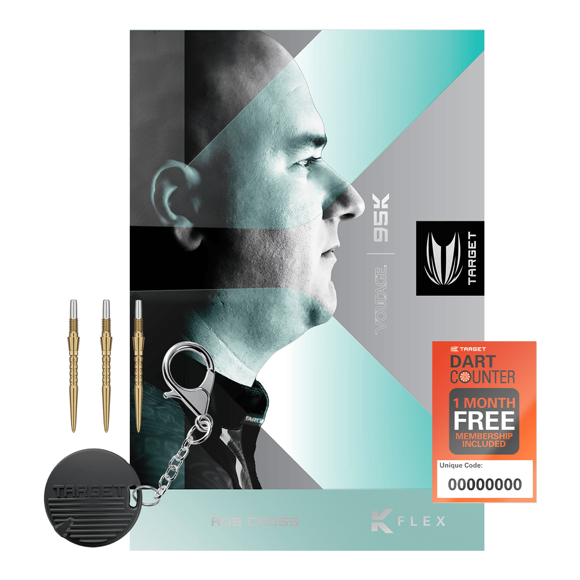 Das Bild zeigt eine Verpackung mit dem Profilbild eines Mannes und dem Schriftzug "Rob Cross 95K" von Target. Außerdem sind drei Steeldarts, ein Schlüsselanhänger und eine Karte für eine einmonatige kostenlose Dart Counter-Mitgliedschaft abgebildet.