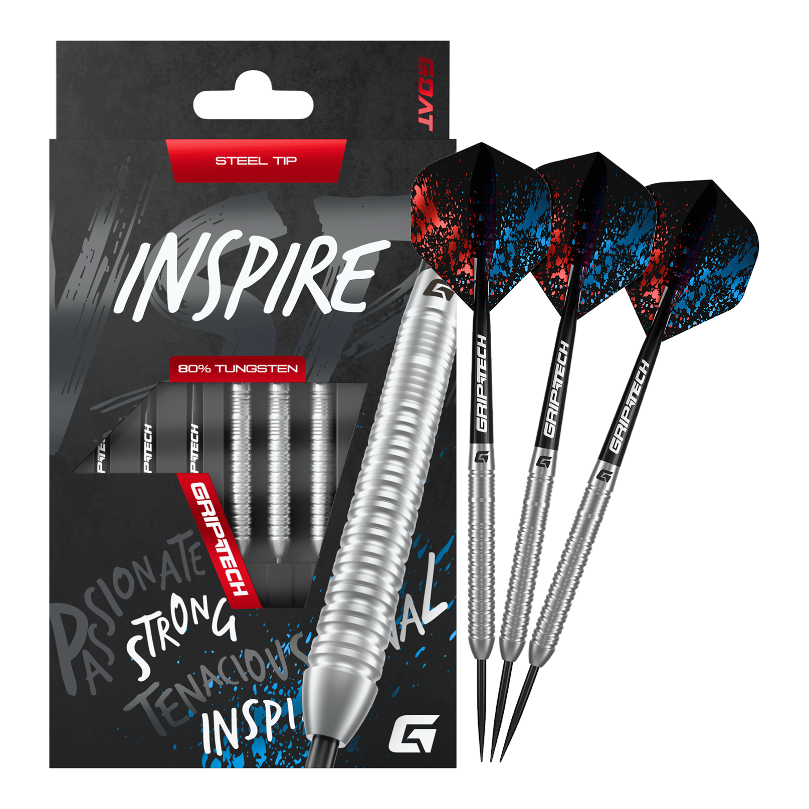 Hier sieht man die GOAT Inspire Steeldarts. Die Steeldarts sind robust und eignen sich für Wettkämpfe.