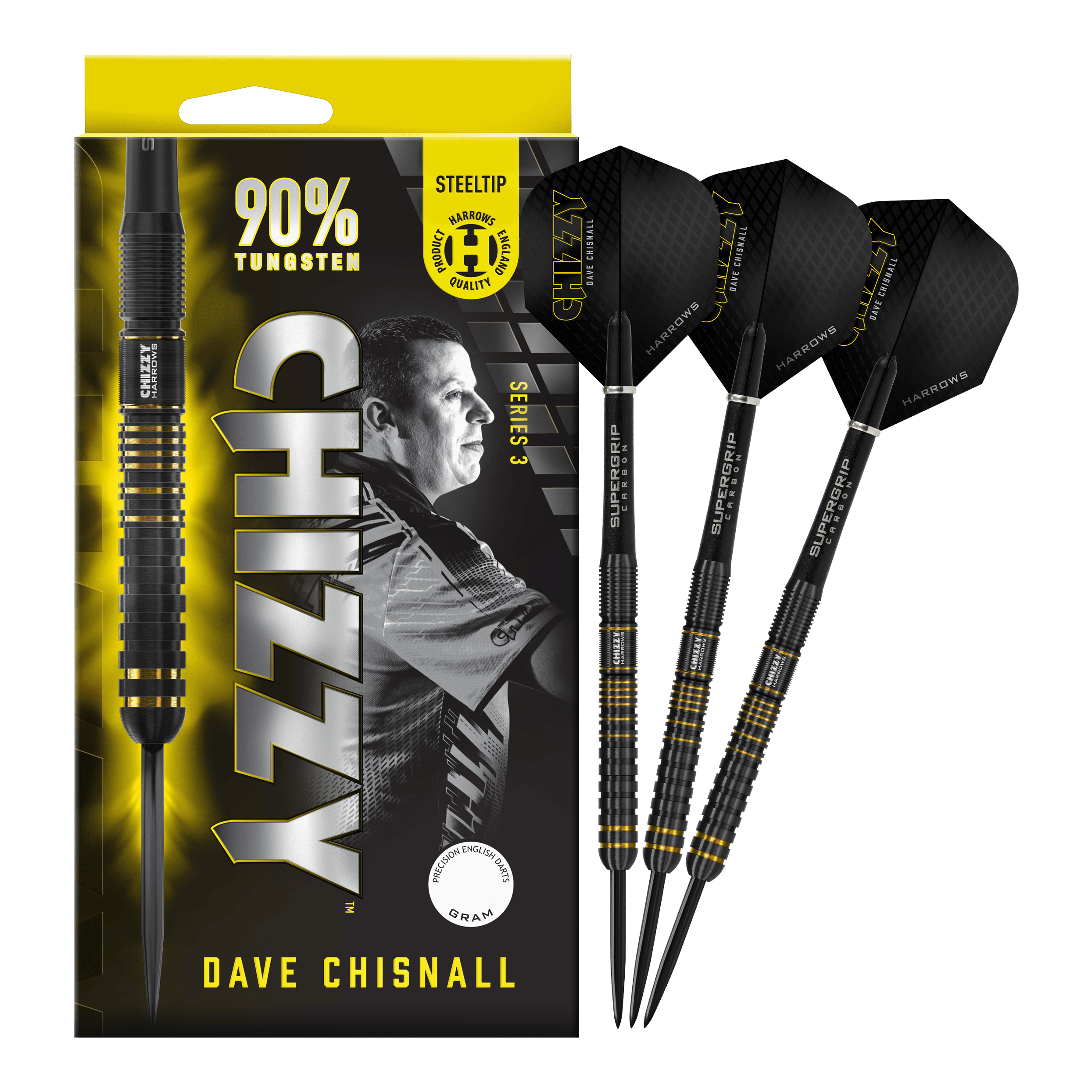Ocelové šipky Harrow's Dave Chisnall Chizzy Series 3 Das Bild zeigt eine Verpackung der Harrows Dave Chisnall Chizzy Series 3 Steeldarts mit einem Porträt von Dave Chisnall. Rechts daneben sind drei schwarze und gelbe Steeldarts abgebildet.