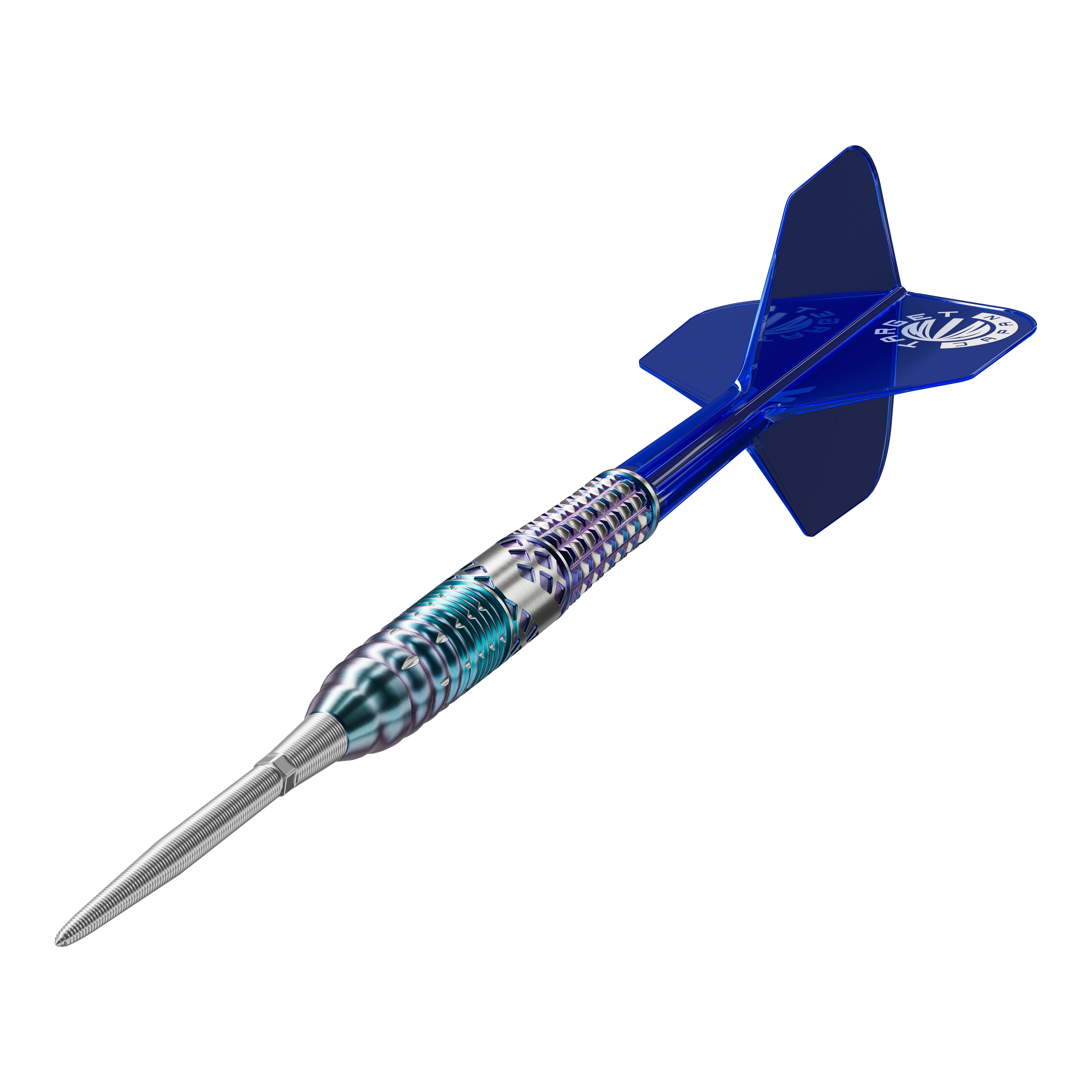 Auf dem Bild ist ein Steeldart mit einem metallischen Schaft und blauen Flights zu sehen. Es handelt sich um das Modell "Target Japan Cathy Leung Charis GEN5 SP Steeldarts - 22g".