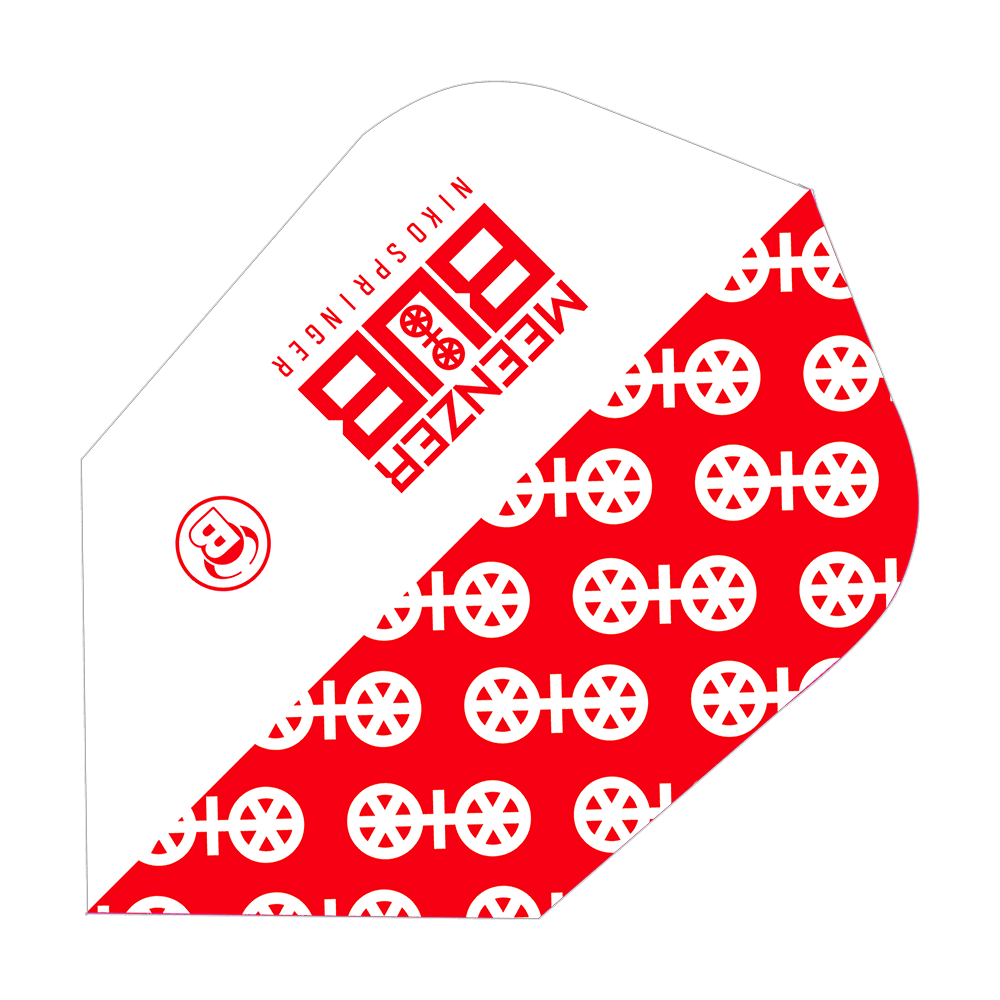 Letky Bulls X-Powerflite Niko Springer XXL B-Standard Das Bild zeigt ein Dartflight-Produkt mit dem Namen "Bulls X-Powerflite Niko Springer XXL B-Standard Flights". Das Design ist rot-weiß und trägt auffällige Logos und Muster.